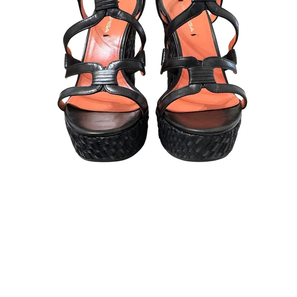 Via Spiga Cai‎ Black Leather Espadrille Wedge Platform Sandals Sz 8